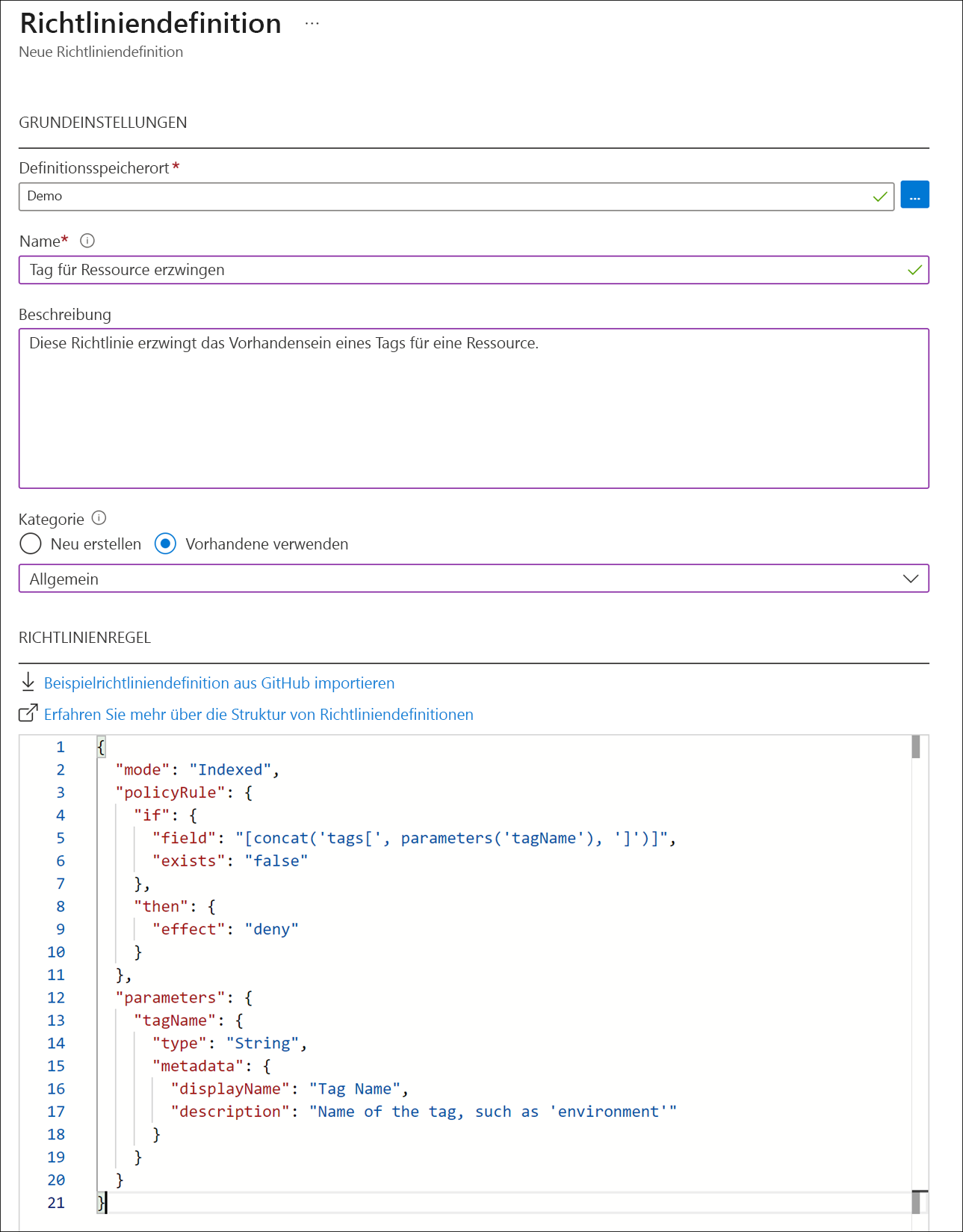 Screenshot: Azure-Portal mit dem Dialogfeld „Neue Richtliniendefinition“