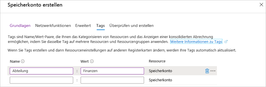 Screenshot: Azure-Portal mit einem neuen „Abteilung“-Tag, das beim Erstellen hinzugefügt wird