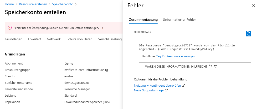 Screenshot: Azure-Portal mit einer Fehlermeldung zur Richtlinienüberprüfung bei einem neuen Speicherkonto ohne Tag