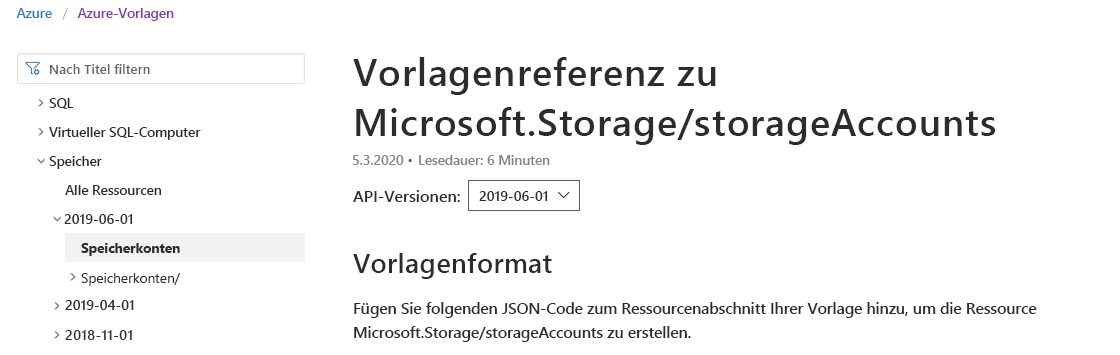 Screenshot: Microsoft-Dokumentationsseite mit ausgewählter Speicherkontodokumentation