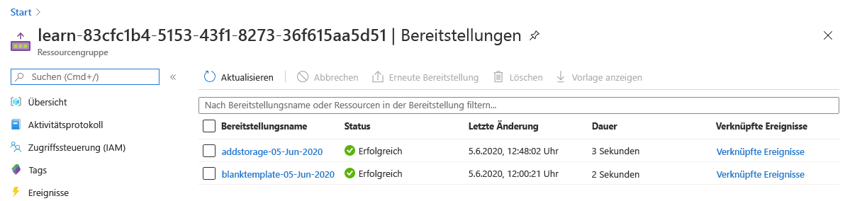 Screenshot: Benutzeroberfläche im Azure-Portal für die Bereitstellungen, wobei zwei Bereitstellungen mit dem Status „Erfolgreich“ aufgelistet werden