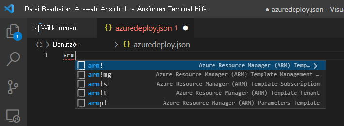 Visual Studio Code-Datei „azuredeploy.json“ mit den Codeausschnitt-Auswahlmöglichkeiten für Azure Resource Manager-Vorlagen.