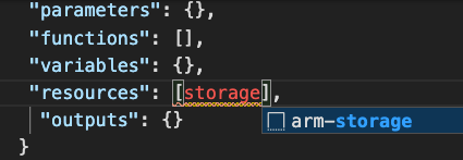 Visual Studio Code-Codeausschnitt „azure Resource Manager-storage“ unterhalb des eingegebenen Worts „storage“