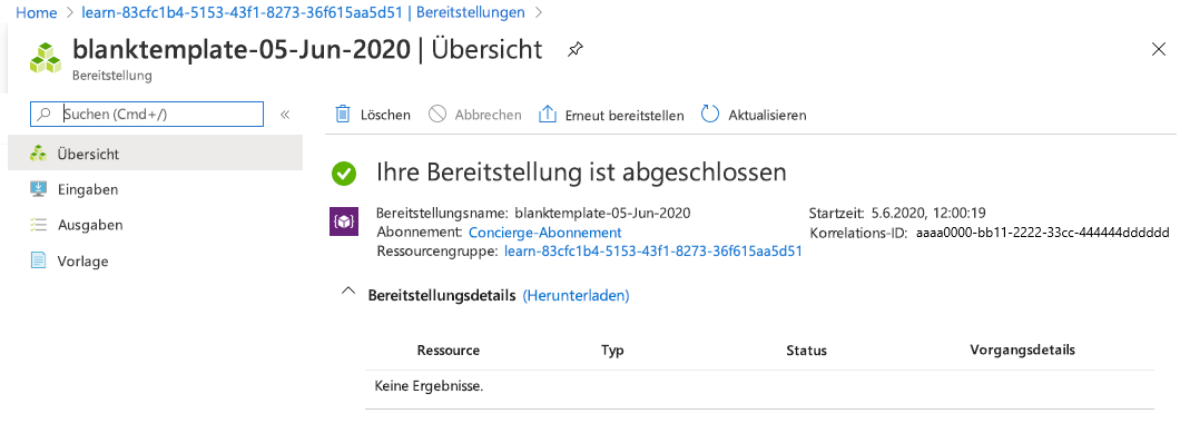 Azure-Portalschnittstelle für die spezifische Bereitstellung ohne aufgelistete Ressourcen.