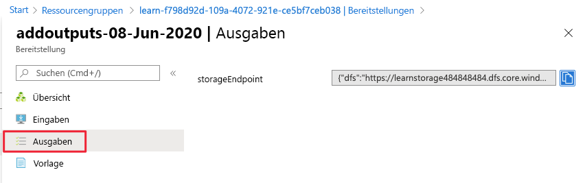 Screenshot des Azure-Portals mit der Ausgabeauswahl im linken Menü.