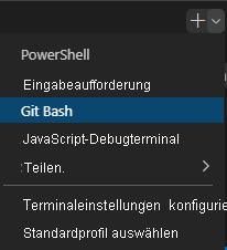 Screenshot: Visual Studio Code-Terminalfenster mit dem Dropdownmenü für die Auswahl der Shell