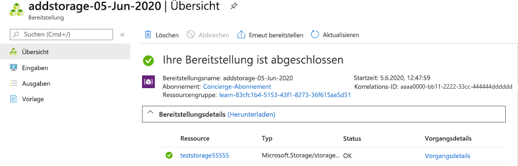 Screenshot: Benutzeroberfläche im Azure-Portal für die spezifische Bereitstellung mit einer aufgelisteten Ressource