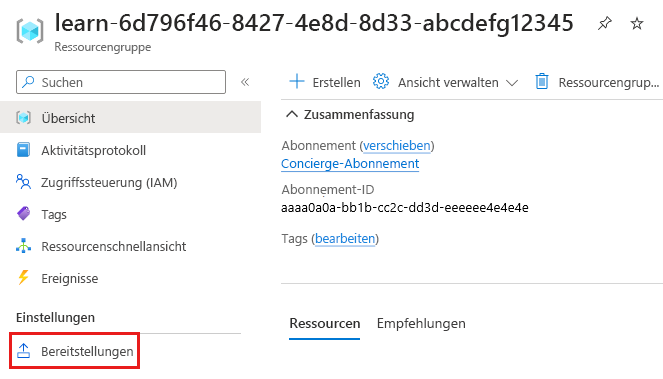 Screenshot: Ressourcengruppe im Azure-Portal mit hervorgehobenem Menüelement „Bereitstellungen“