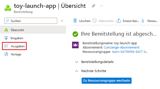 Screenshot: Bereitstellung im Azure-Portal mit hervorgehobenem Menüelement „Ausgaben“