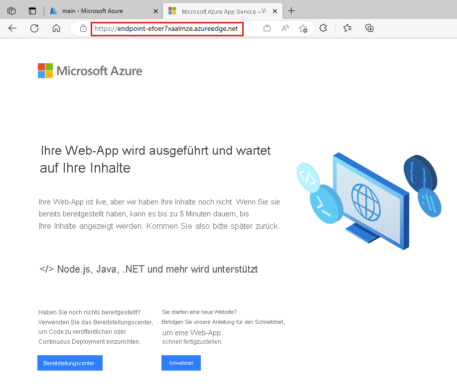 Screenshot: Startseite der Web-App mit der Adressleiste mit dem CDN-Endpunkt