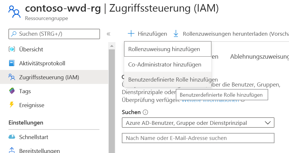 Screenshot, der die Option „Benutzerdefinierte Rolle hinzufügen“ unter der Schaltfläche „Hinzufügen“ zeigt.