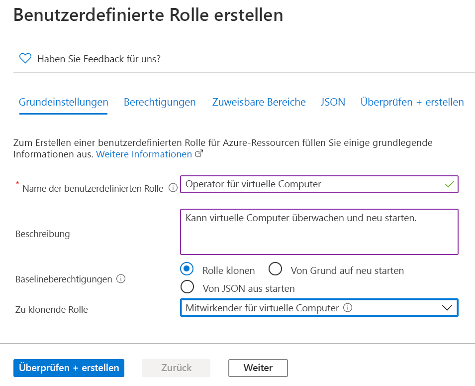 Screenshot der aktivierten Optionsschaltfläche „Rolle klonen“ und der zu klonenden Rolle „Mitwirkender für virtuelle Computer“.