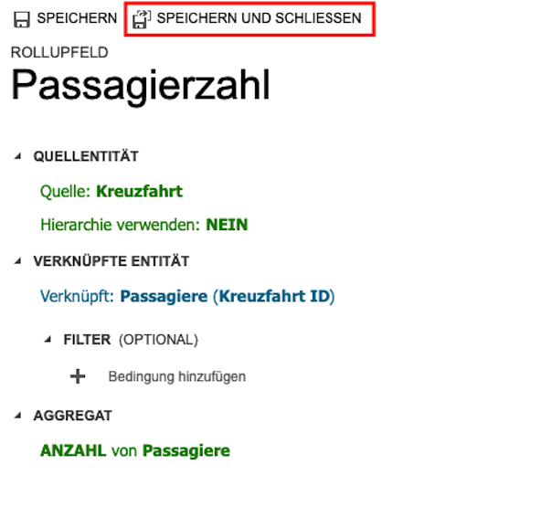 Screenshot der Schaltfläche „Speichern und schließen“, um das Rollup zu speichern