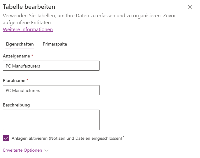 Screenshot von „Tabellenattribute bearbeiten“ mit der Schaltfläche „Fertig“