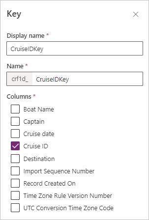 Screenshot der Tabelle „Schlüssel“ mit Auswahl der Spalte „Kreuzfahrt-ID“.