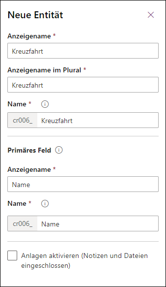 Screenshot des Dialogfelds „Neue Tabelle“ mit Kreuzfahrten, die in das Feld „Anzeigename“ eingegeben wurden.