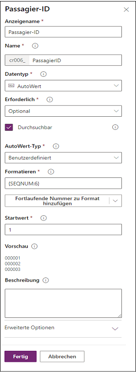 Screenshot von „Passagier-ID“ mit „Automatische Nummerierung“, „Benutzerdefiniert“, „SEQNUM:6“ und „1“ als Werte für die verschiedenen Felder.