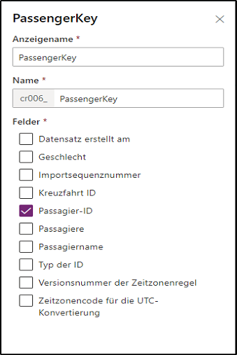 Screenshot des Dialogfelds „Schlüssel“ mit Auswahl der Spalte „Passagier-ID“.