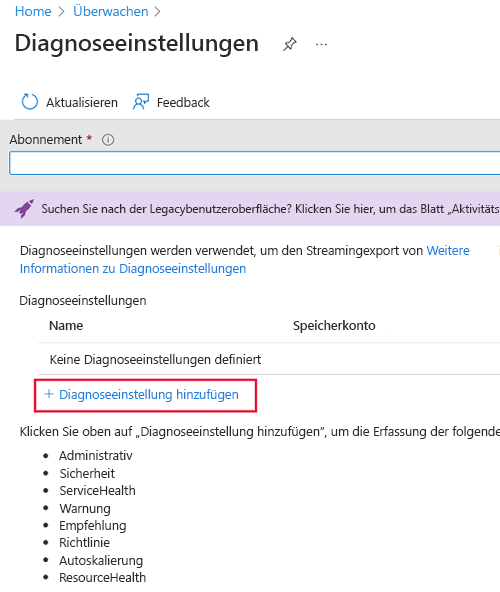 Screenshot: Bereich „Diagnoseeinstellungen“ und ausgewählte Option „Diagnoseeinstellung hinzufügen“