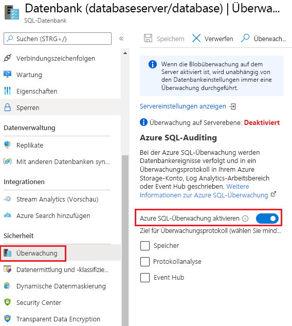 Screenshot: Aktivieren der Überwachung für Azure SQL-Datenbank-Instanzen