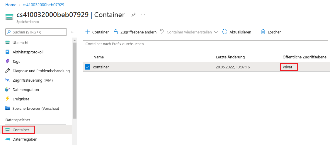 Screenshot eines Speichercontainers, für den die Zugriffsebene auf „Privat“ festgelegt ist