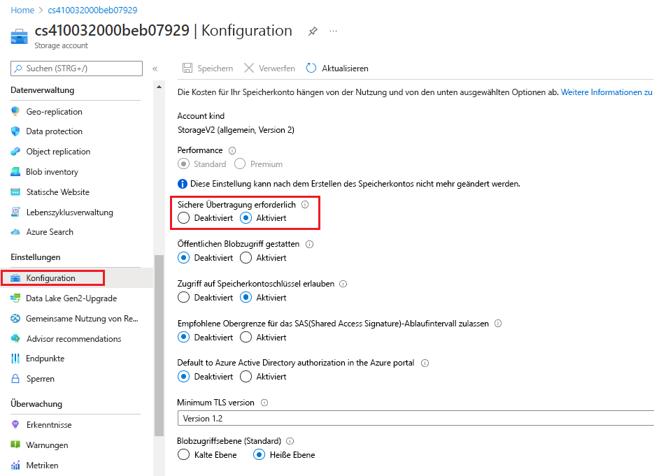 Screenshot der Einstellung für den sicheren Übertragungsspeicher im Azure-Portal.