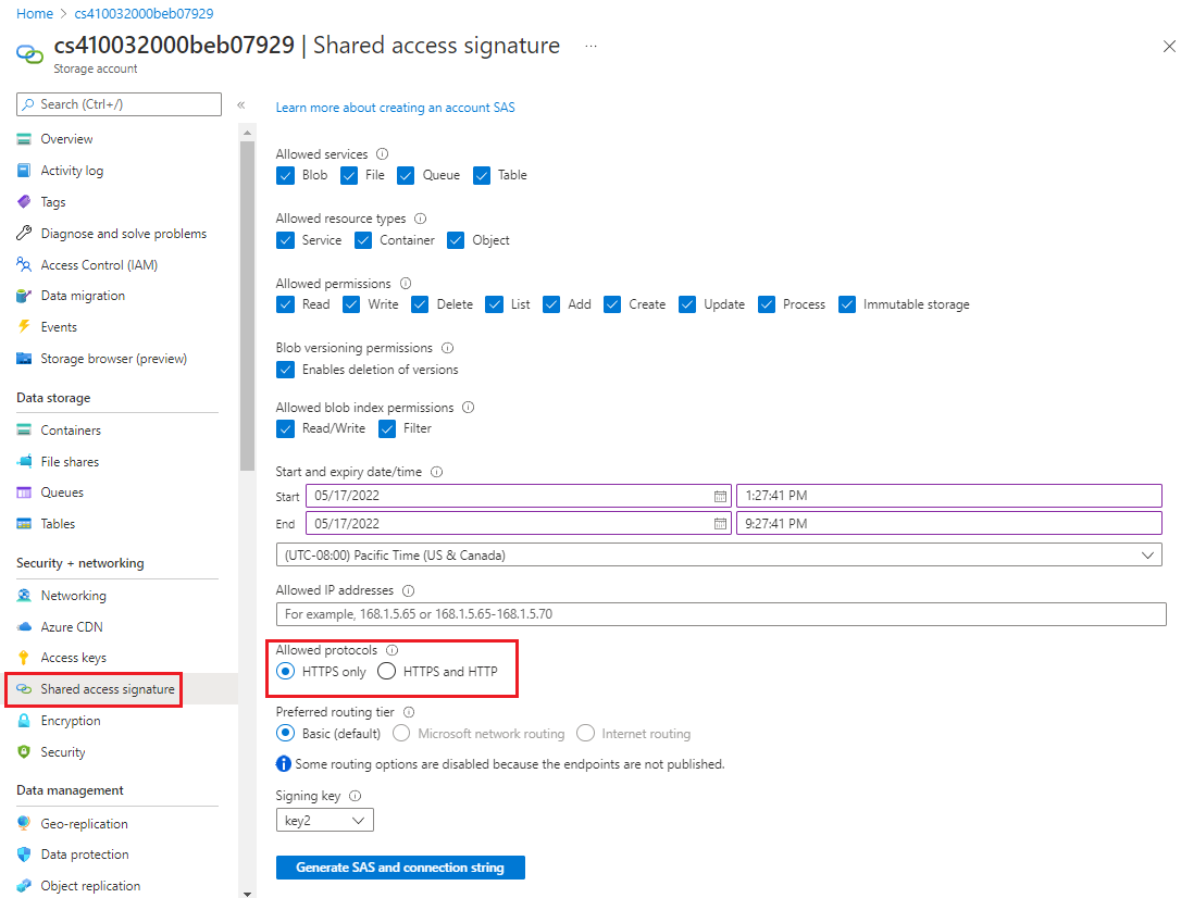 Screenshot einer Shared Access Signature in den Einstellungen eines Speicherkontos und HTTPS als einziges zulässiges Protokoll.