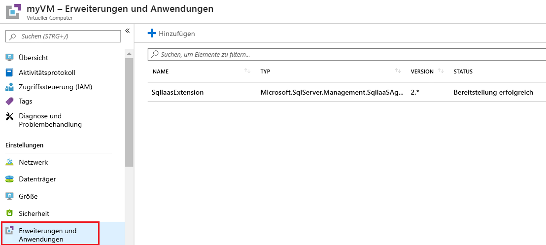 Screenshot der VM-Erweiterungen im Bereich „Erweiterungen + Anwendungen“