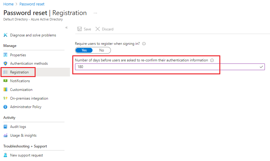 Screenshot: Azure-Portal mit dem Formular für die Anzahl von Tagen bis zur erneuten Bestätigung von Authentifizierungsinformationen