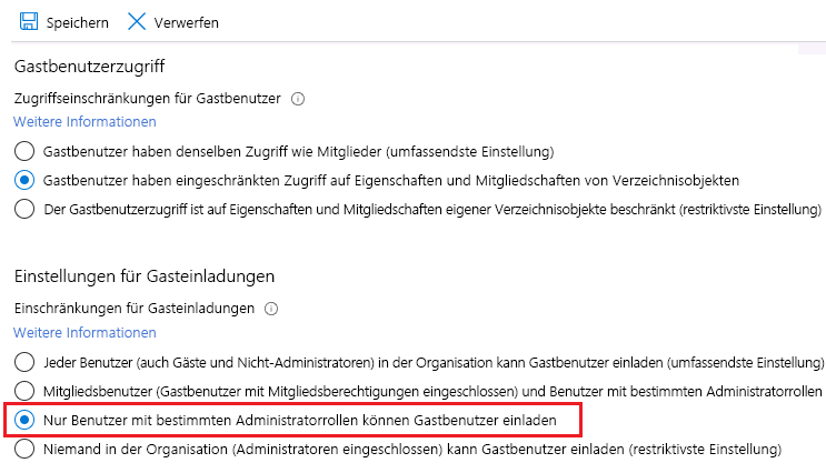 Screenshot: Einstellungen für Gasteinladung mit ausgewählter Option „Nur Benutzer mit bestimmten Administratorrollen können Gastbenutzer einladen“