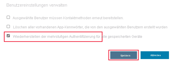 Screenshot: ausgewählte Option „Multi-Faktor-Authentifizierung für alle gespeicherten Geräte wiederherstellen“