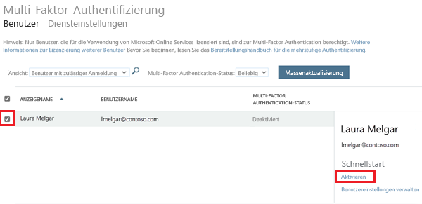 Screenshot that shows how to turn on multifactor authentication for a user by using the quick steps link.