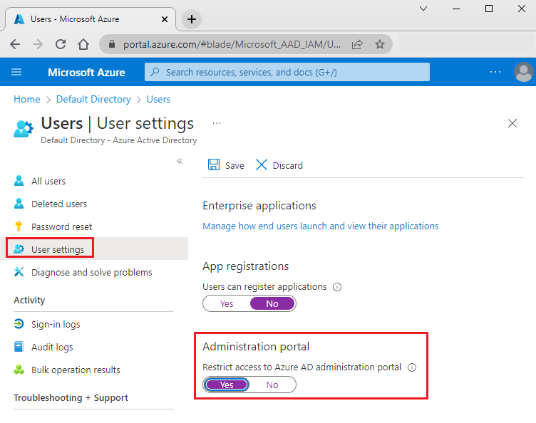 Screenshot des Azure-Portals, in dem die Option „Zugriff auf das Microsoft Entra-Verwaltungsportal einschränken“ auf „Ja“ festgelegt ist.