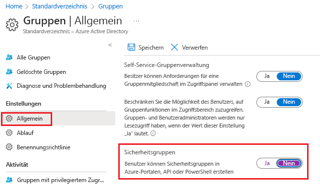 Screenshot: Bereich „Allgemeine Gruppeneinstellungen“, in dem die Option „Benutzer können Sicherheitsgruppen erstellen“ auf „Nein“ festgelegt ist