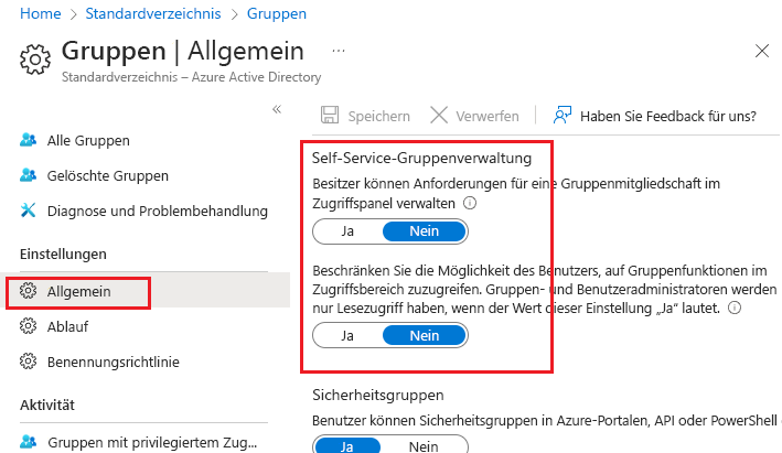 Screenshot, der die auf „Nein“ festgelegten Microsoft Entra-Self-Service-Gruppenoptionen zeigt.