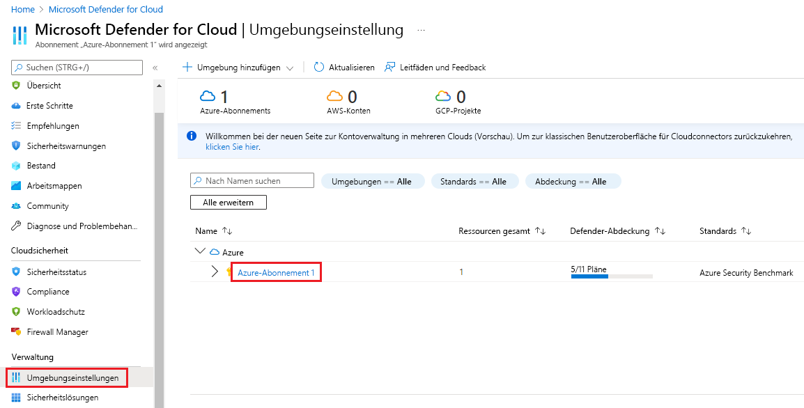 Screenshot: Umgebungseinstellungen für Defender for Cloud