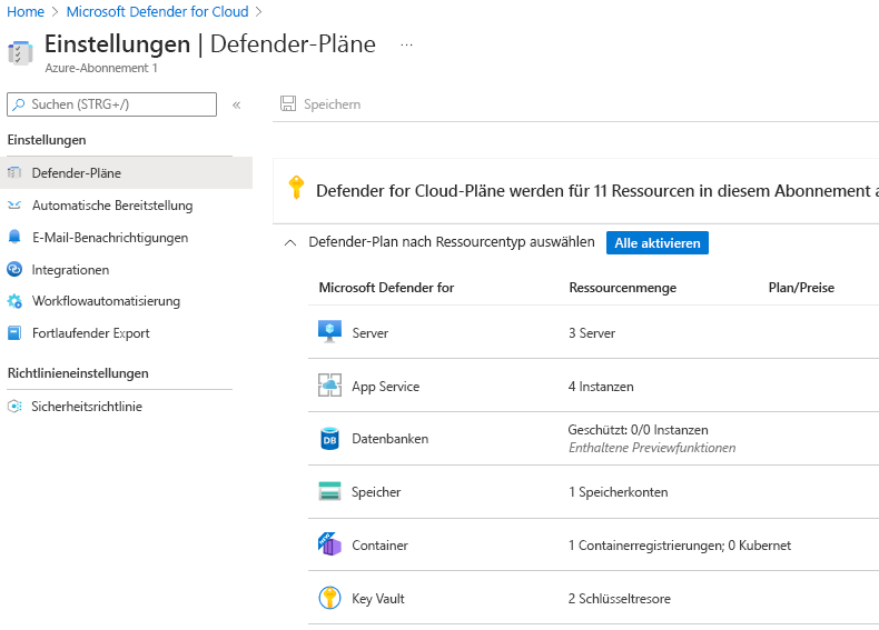 Screenshot der integrierten Sicherheitsrichtlinien für Defender für Cloud.