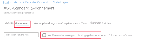 Screenshot: Registerkarte „Parameter“ und deaktiviertes Kontrollkästchen für „Nur Parameter anzeigen, die eingegeben oder überprüft werden müssen“