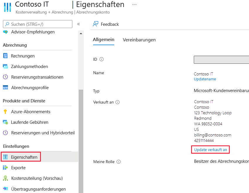 Screenshot: Bereich „Eigenschaften“ mit Kontaktinformationen und hervorgehobenem Link „Käufer aktualisieren“