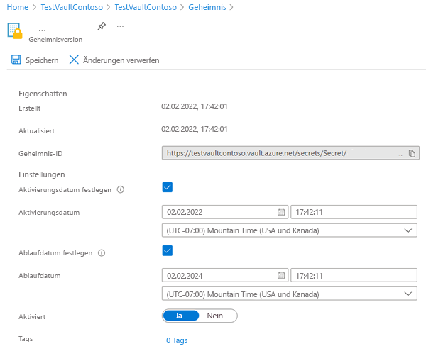 Screenshot, der zeigt, wie ein Ablaufdatum für ein Geheimnis im Schlüsseltresor festgelegt wird