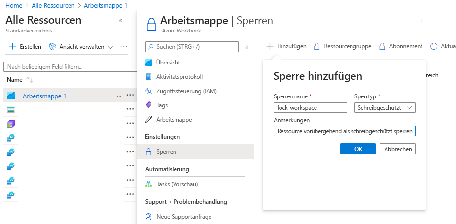 Screenshot, der zeigt, wie eine Ressource im Azure-Portal gesperrt wird