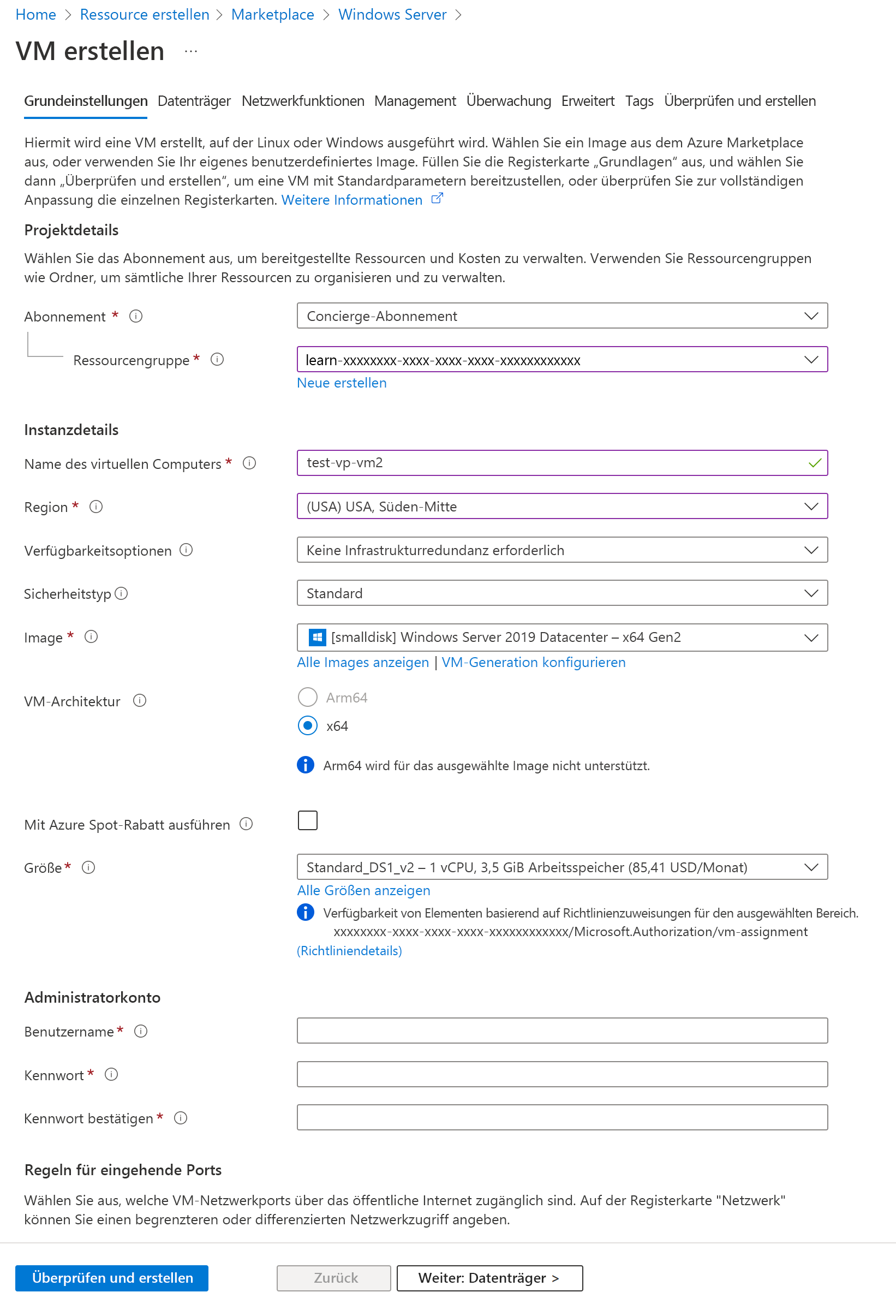 Screenshot: Registerkarte **Grundlagen** im Bereich **Virtuellen Computer erstellen**