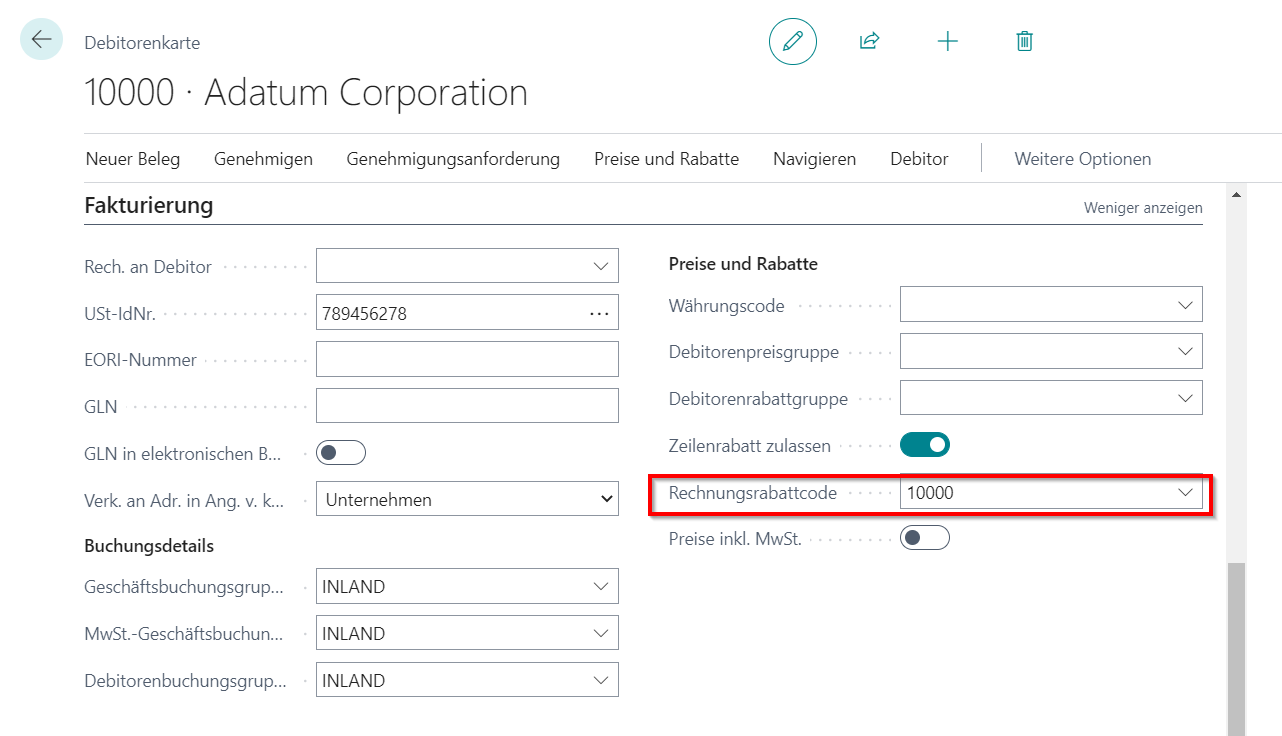 Screenshot der Debitorenrabattgruppe auf der Debitorenkarte