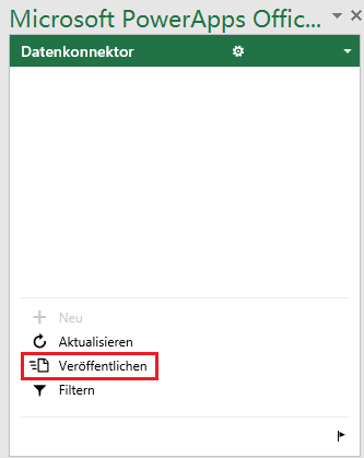 Screenshot des Power Apps-Dialogfelds „Datenkonnektor“ mit Rechteck um „Veröffentlichen“