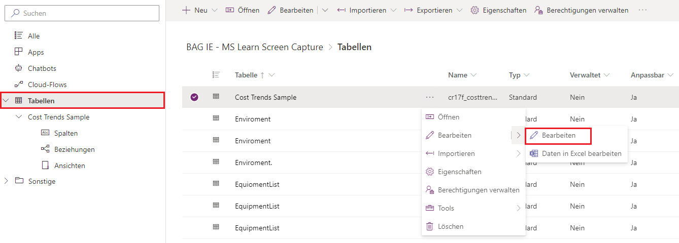 Screenshot des Power Apps-Dialogfelds „Tabellen“ mit Rechteck um „Tabellen“ und „Daten bearbeiten“