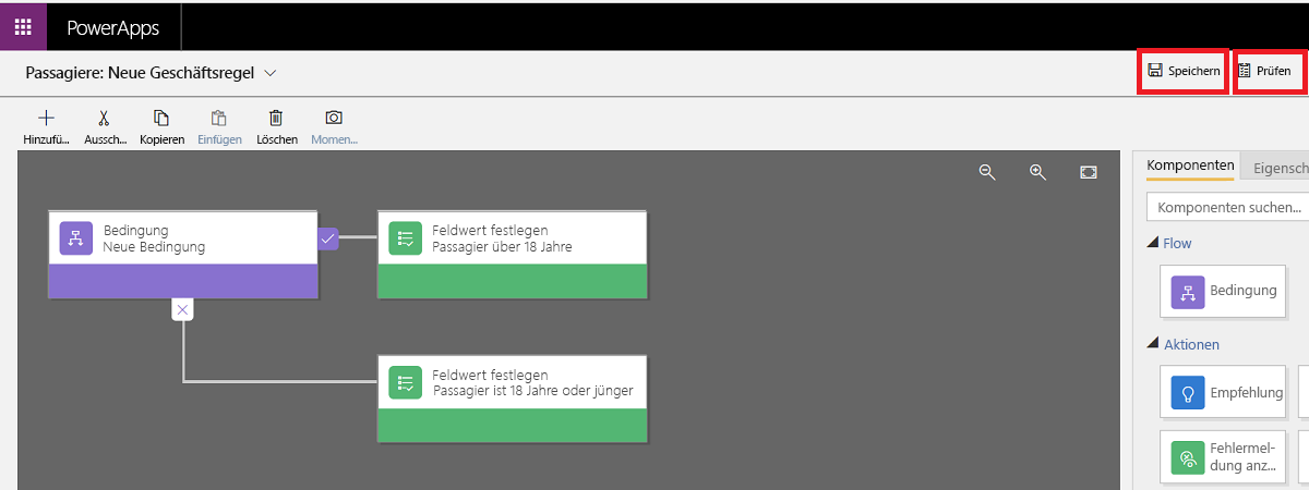 Screenshot der Schaltflächen „Überprüfen“ und „Regel speichern“