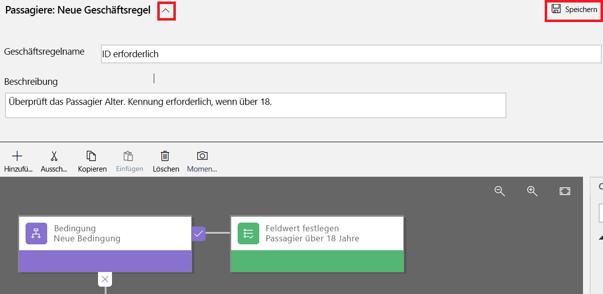 Screenshot des Pfeils neben „Passagiere: Neue Geschäftsregel“ und der Schaltfläche „Regel speichern“