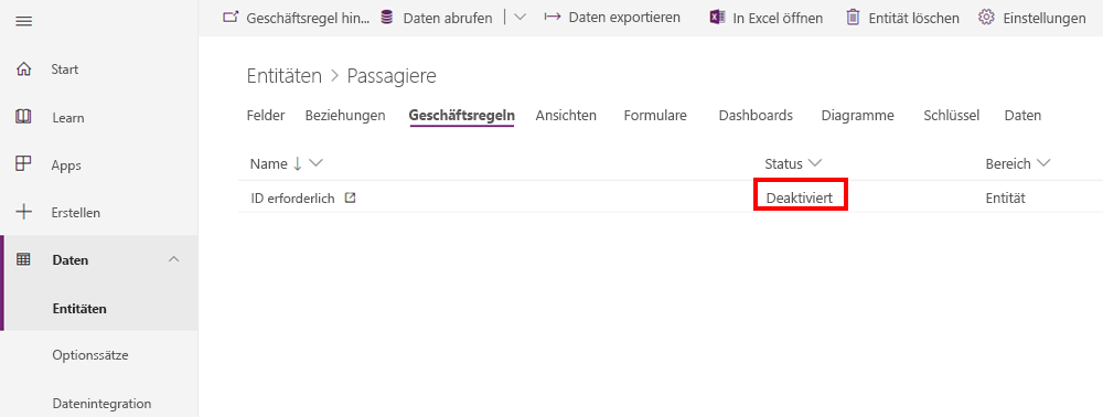 Screenshot der Geschäftsregel mit dem Status „Deaktiviert“