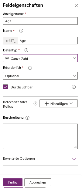 Screenshot des Fensters „Feldeigenschaften“ mit eingegebenen Werten.