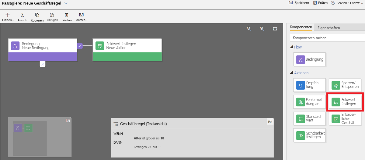 Screenshot der Registerkarte „Komponenten“ mit der Aktion „Feldwert festlegen“
